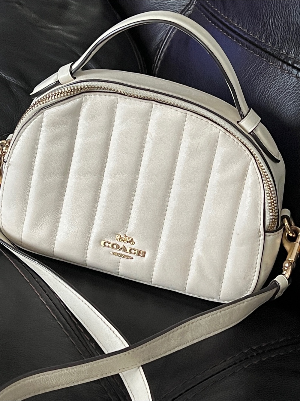 COACH Cream Quilted Leather Crossbody with Gold Hardware double zipper small bag